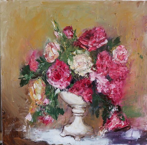 Ručně malovaný obraz od Igor Navrotskyi - "Zátiší Růže ve váze", rozměr: 50 x 50 cm