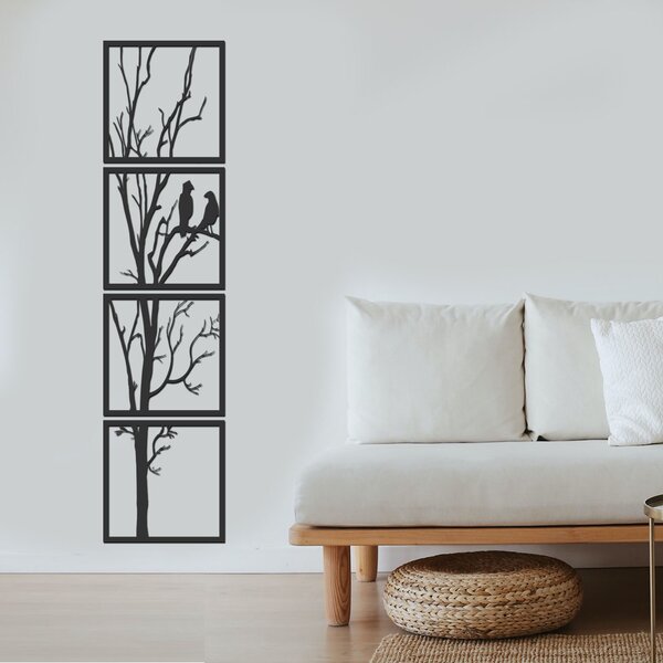 Dřevo života | 4dílný dřevěný obraz PTAČÍ STROM | Barva: Černá | Rozměry (cm): 40x160