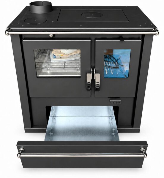 EEK A+ - Sporák na dřevo Verso CS Plus Inox 7,7 kW s troubou, varnou deskou a přihrádkou na dřevo vlevo