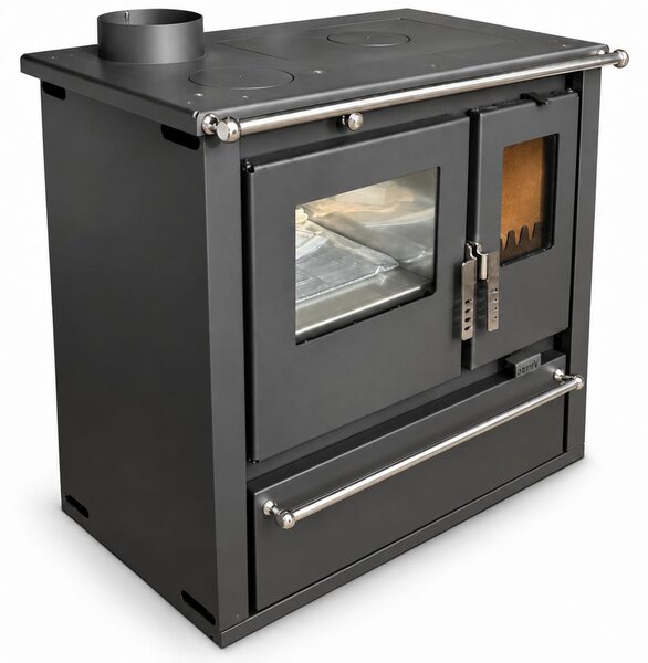 EEK A+ - Sporák na dřevo Verso CS Plus Inox 7,7 kW s troubou, varnou deskou a přihrádkou na dřevo vlevo