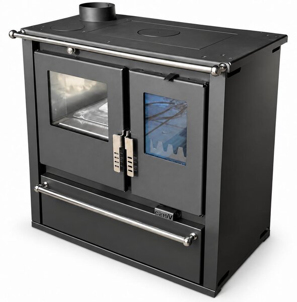 EEK A+ - Sporák na dřevo Verso CS Plus Inox 7,7 kW s troubou, varnou deskou a přihrádkou na dřevo vlevo