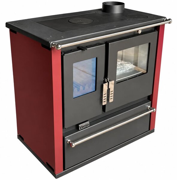 EEK A+ - Sporák na dřevo Verso CS Plus Inox Bordo 7,7 kW s troubou, varnou deskou a přihrádkou na dřevo