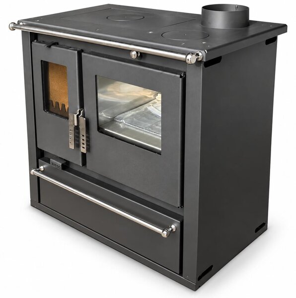 EEK A+ - Sporák na dřevo Verso CS Plus Inox 7,7 kW s troubou, varnou deskou a přihrádkou na dřevo
