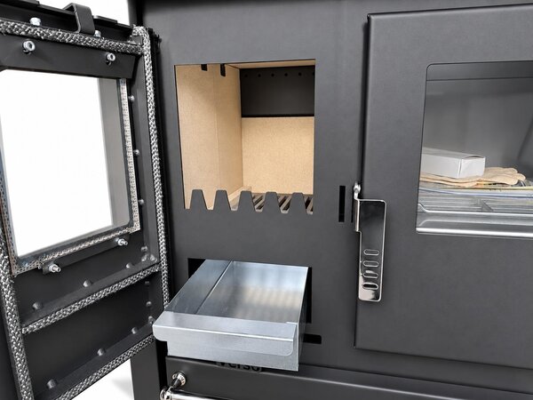 EEK A+ - Sporák na dřevo Verso CS Plus Inox 7,7 kW s troubou, varnou deskou a přihrádkou na dřevo