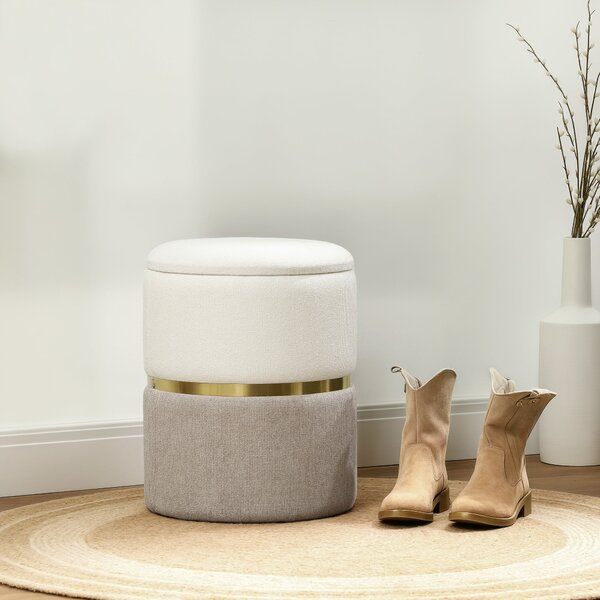 HOMCOM Úložný taburet s víkem, kovový kroužek, dvoubarevný design, kulatý taburet čalouněný chenille 36 x 36 x 44 cm Krémově bílý | Aosom
