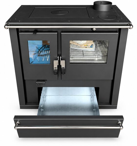 EEK A+ - Sporák na dřevo Verso CS Plus Inox 7,7 kW s troubou, varnou deskou a přihrádkou na dřevo