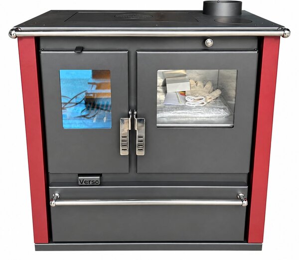 EEK A+ - Sporák na dřevo Verso CS Plus Inox Bordo 7,7 kW s troubou, varnou deskou a přihrádkou na dřevo