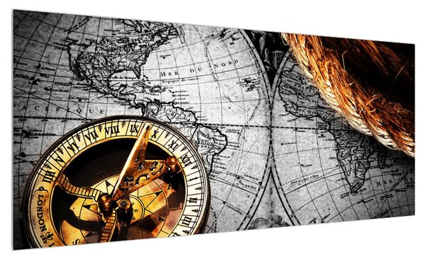 Historický obraz mapy světa a kompasu (100x40 cm)