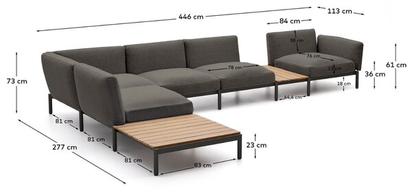 Kave Home Zahradní rohová pohovka Sorells 446 cm se stolky se šedou podnoží