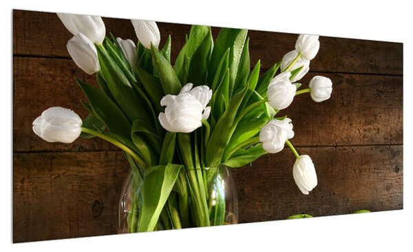 Obraz bílých tulipánů ve váze (100x40 cm)