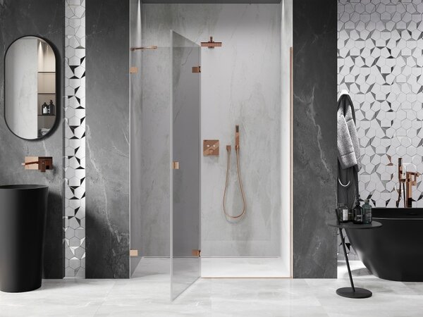 Mexen Lunar, levé výklopné sprchové dveře 130 cm, 8mm čiré sklo, měděný matný profil, 834-130-000-65-00-L