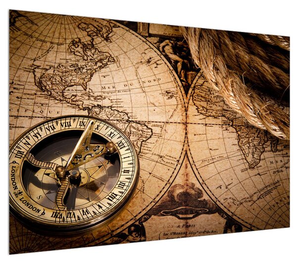 Historický obraz mapy světa a kompasu (100x70 cm)