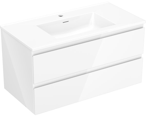 Mexen Orio, koupelnová skříňka 90 cm s umyvadlem Otis, 2 zásuvky, bílá lesklá, 91A10-09047-2-BFF00-W18M00