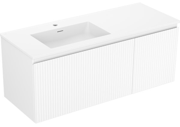 Mexen Rivel, koupelnová skříňka 120 cm s levým umyvadlem Otis, 1S, 1D, drážkovaná, bílá matná, 91A23-12047-3-BBFF01-W18L01