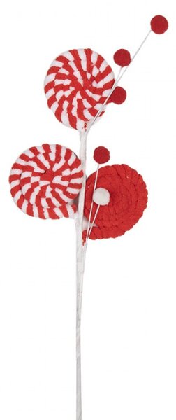 Červeno-bílá vánoční dekorace / zápich tři kulatá lízátka Candy Cane a bambulky – 42 cm