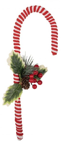 Červeno-bílá vánoční dekorace lízátko Candy Cane s cesmínou a šiškou – 30 cm