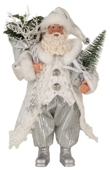 Vánoční postavička Santa Claus ve stříbrném kabátě se stromečkem – 27 cm