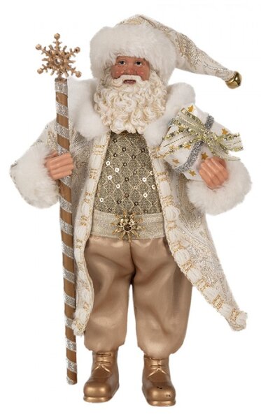 Vánoční postavička Santa Claus ve zlatém plášti s holí – 27 cm