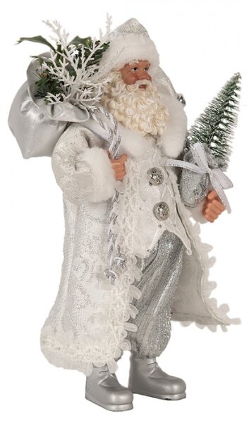 Vánoční postavička Santa Claus ve stříbrném kabátě se stromečkem – 27 cm