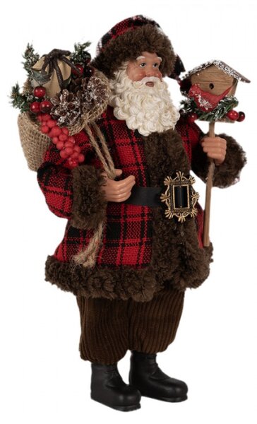 Vánoční postavička Santa Claus v hnědém kabátě s ptačí budkou – 27 cm