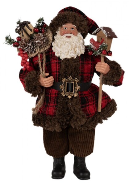 Vánoční postavička Santa Claus v hnědém kabátě s ptačí budkou – 27 cm