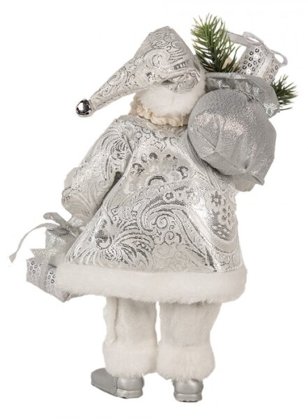Vánoční postavička Santa Claus v bílém kabátu s medvídkem a dárky – 27 cm