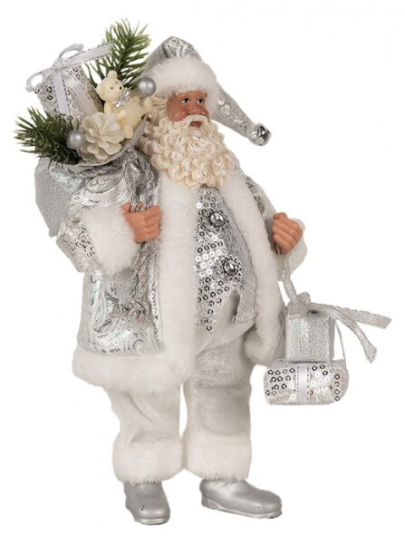 Vánoční postavička Santa Claus v bílém kabátu s medvídkem a dárky – 27 cm