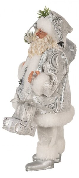 Vánoční postavička Santa Claus v bílém kabátu s medvídkem a dárky – 27 cm