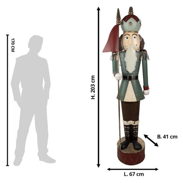 Velká kovová vánoční socha Louskáček v zelenošedém kabátku – 203 cm