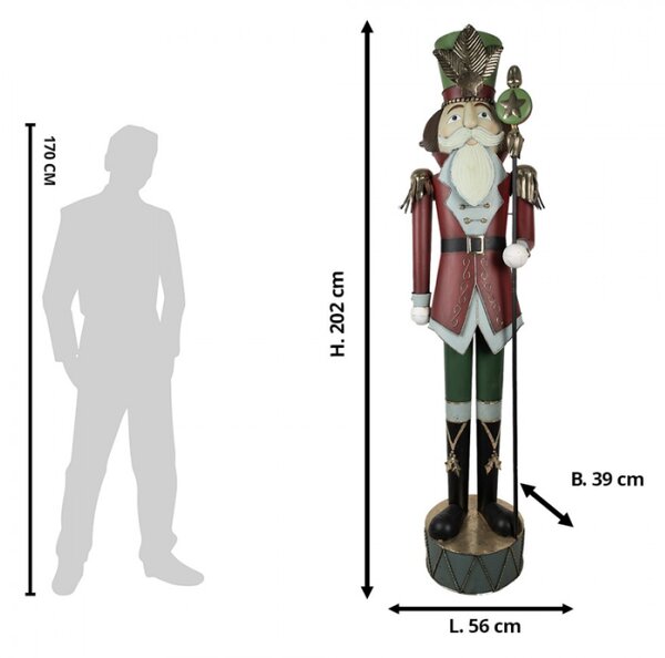 Velká kovová vánoční socha Louskáček v červeném kabátku se zeleným kloboukem – 202 cm