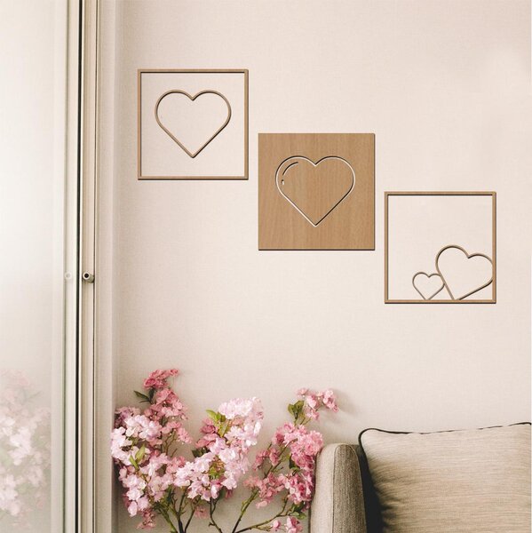 Dřevo života | 3dílná kolekce dřevěných srdcí na zeď | Barva: Buk | Rozměry (cm): 40x40