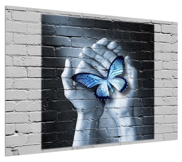 Moderní obraz dlaní s motýlem (100x70 cm)