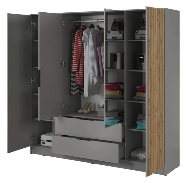 Čtyřdveřová skříň se zrcadlem MARFA - šířka 206 cm, šedá / dub artisan