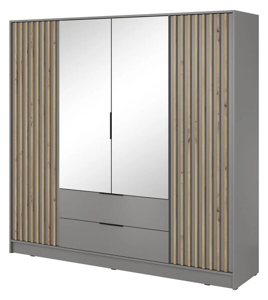 Čtyřdveřová skříň se zrcadlem MARFA - šířka 206 cm, šedá / dub artisan