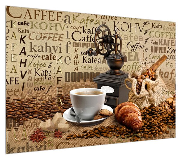 Obraz kávy, mlýnku a croissantů (100x70 cm)