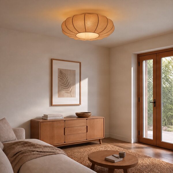 Stropní lampa Lindby, Helin, stmívatelné, Hnědá / Rezavá, Obývací pokoj, Tkanina / Textil, Skandinávský