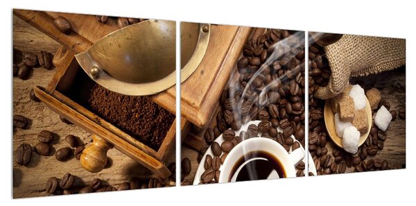 Obraz šálku kávy a kávových zrn (120x40 cm)
