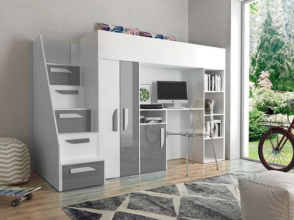 Zvýšená multifunkční postel 90x200 GRACLA - bílá / lesklá bílá / lesklá šedá