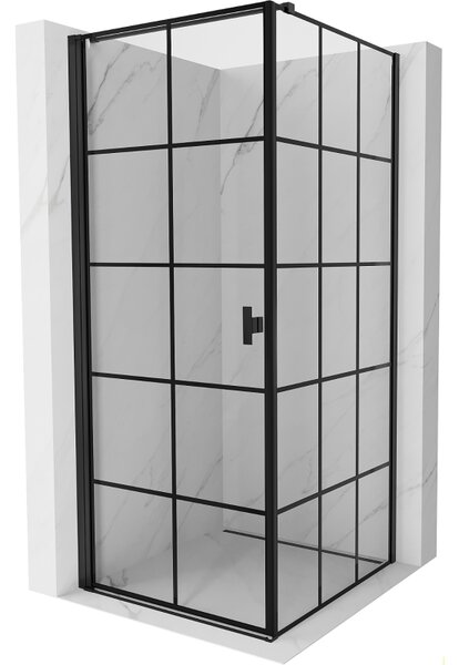 Mexen Mist-B, 1-křídlý ​​výklopný sprchový kout, levý, 70 x 70 cm, čiré sklo-černá mřížka, 8A2T-070-070-70-77-L