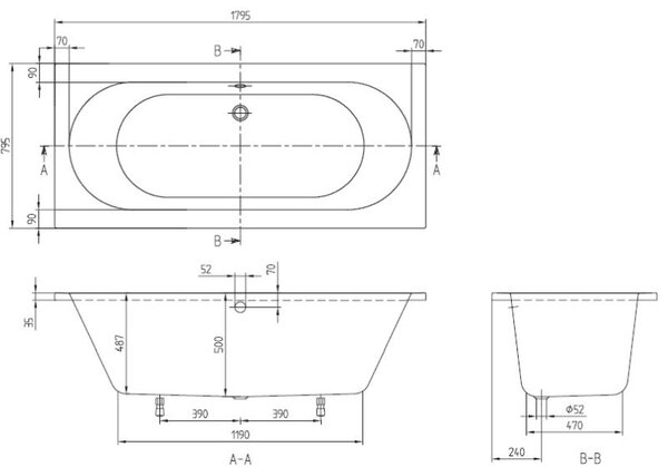 Villeroy & Boch O.Novo obdélníková vana 179.5x79.5 cm bílá UBA180CAS2V-01