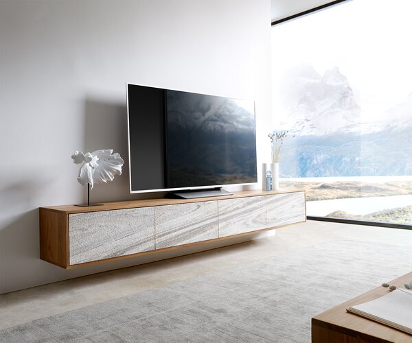 DELIFE TV stolek Kleo 220 cm akácie přírodní 4 dvířka závěsný