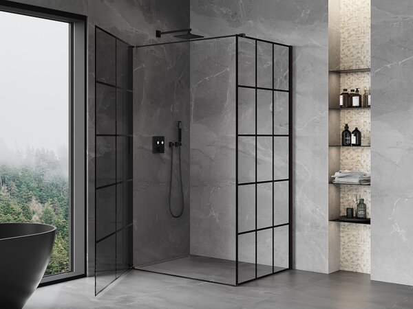 Mexen Mist-B, 1-křídlý ​​výklopný sprchový kout, levý, 70 x 75 cm, čiré sklo-černá mřížka, 8A2T-070-075-70-77-L