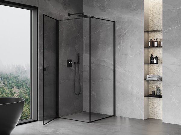 Mexen Mist-B, 1-křídlý ​​výklopný sprchový kout, levý, 70 x 70 cm, čiré sklo-černý rám, 8A2T-070-070-70-70-L