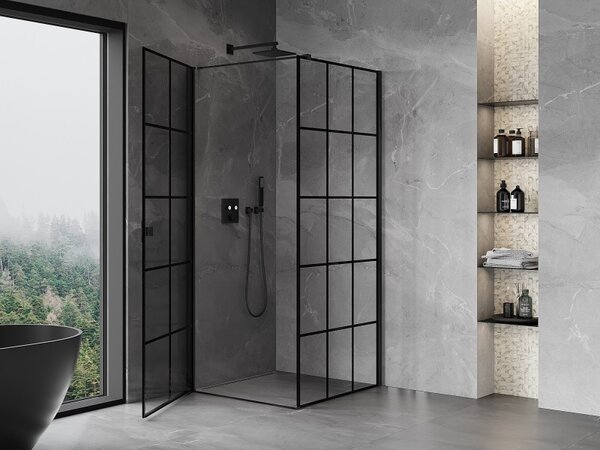 Mexen Mist-B, 1-křídlý ​​výklopný sprchový kout, levý, 70 x 70 cm, čiré sklo-černá mřížka, 8A2T-070-070-70-77-L