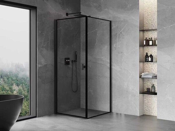 Mexen Mist-B, 1-křídlý ​​výklopný sprchový kout, levý, 70 x 70 cm, čiré sklo-černý rám, 8A2T-070-070-70-70-L