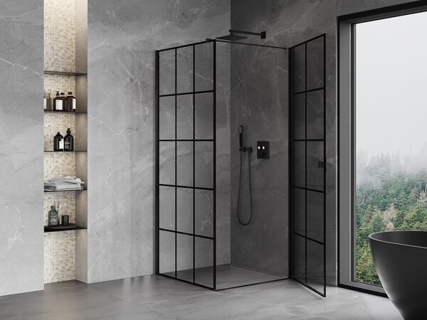 Mexen Mist-B, 1-křídlý ​​výklopný sprchový kout, pravý, 70 x 70 cm, čiré sklo-černá mřížka, 8A2T-070-070-70-77-P