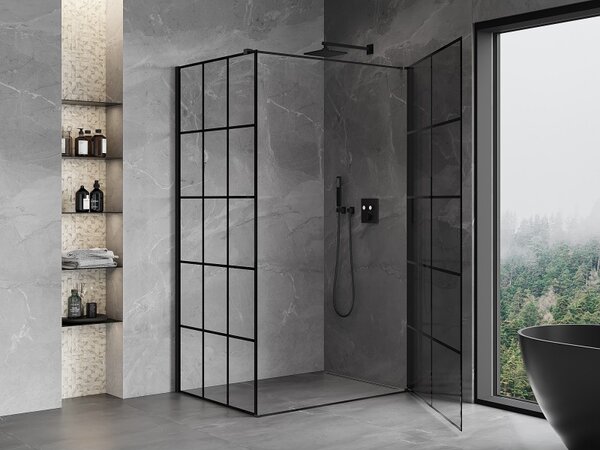 Mexen Mist-B, 1-křídlý ​​výklopný sprchový kout, pravý, 70 x 75 cm, čiré sklo-černá mřížka, 8A2T-070-075-70-77-P