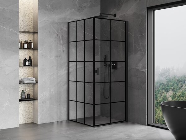 Mexen Mist-B, 1-křídlý ​​výklopný sprchový kout, pravý, 70 x 70 cm, čiré sklo-černá mřížka, 8A2T-070-070-70-77-P