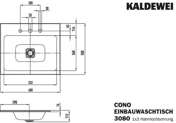 Kaldewei Cono umyvadlo 60x50 cm obdélníkový zápustný bílá lesk 901606033001