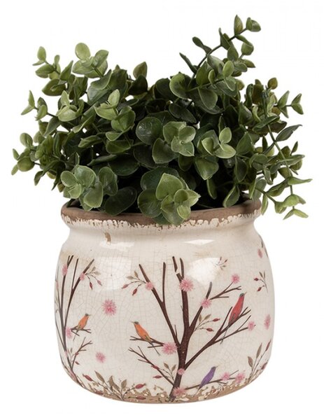 Béžový keramický obal na květináč s keři, šípky a ptáčky Satin – 16x13 cm